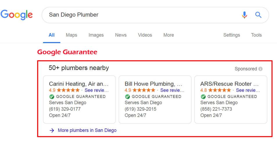 Google Guarantee Local Listing Search Engine Results Page Plumbers nearby